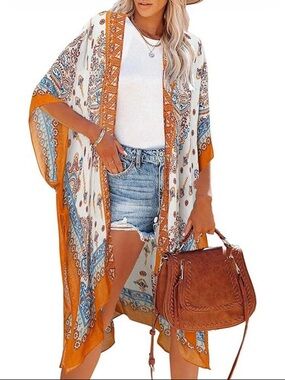 Boho Paisley Kimono Duster in White and Mustard